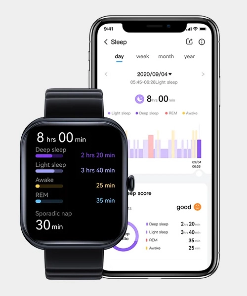 Haylou RS4 Max next to smartphone with sleep tracking screen